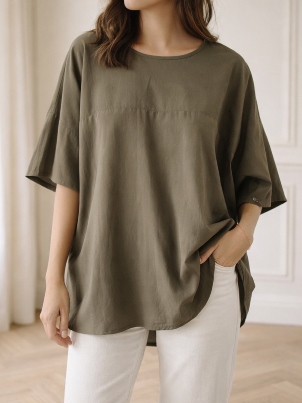 COS Olive Green Oversized Minimalist Dolman Sleeve High Low Tunic Blouse